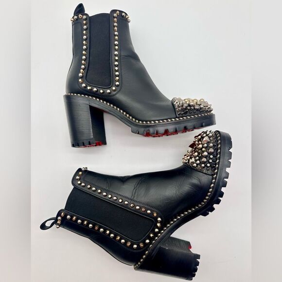 Christian Louboutin Chasse A Clou 70 Black Leather Studded  Ankle Boots EU37 US7 - Picture 5 of 14